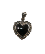 925 Silver Heart Marcasite Onyx Charm Pendant - $451.31 MXN