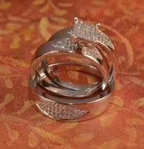 Diamond Trio Set His Hers Matching Engagement Ring Wedding 14K Yellow Gold Over - £109.06 GBP