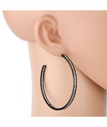 Large Black Gun Metal Tone Hoop Earrings With Sparkling Crystals - $26.99