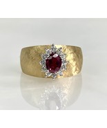 14k Florentine Finish Yellow Gold Oval Cut Ruby Diamond Halo Vintage Ring - $1,750.00
