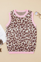 Brown Leopard Pattern Contrast Ribbed Trim Sweater Vest - $253.54 MXN