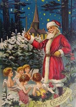 Santa Claus Cherub Angels Children Christmas Postcard Germany Embossed Fantastic - £25.04 GBP