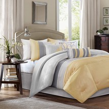 Queen Size 7 Piece Bed In A Bag Comforter Set Faux Silk Yellow Gray Stripes - £195.14 GBP