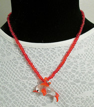 Red Seed Bead Necklace with Lampwork Style Red &amp; Clear Dolphin Pendant - $12.00