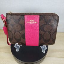 COACH Corner Zip Wristlet In Dark Brown Signature Leather w/ Hot Pink St... - $43.37