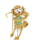 18k Yellow Gold Cultured Pearl, Green Beryl, and Gemstone Golfer Brooch ... - $3,801.60