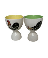 Vintage Pair of Handpainted Rooster Egg Cups Yellow &amp; Green Interior 3 5/8&quot; - $30.20 CAD