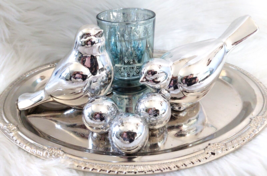 Two Silver Christmas Songbird Bird Figurines Candle Jar &amp; Tray Lot - $12.99