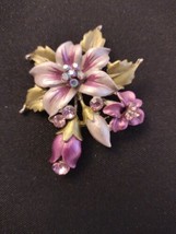 Beautiful Painted Flowers Purple &amp; Green Enamel W/Rhinestones Brooch Pin - £19.73 GBP