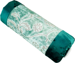Green Bolster Pillow, Floral French Upholstery Velvet, High Quality, 6x16&quot; - £54.57 GBP