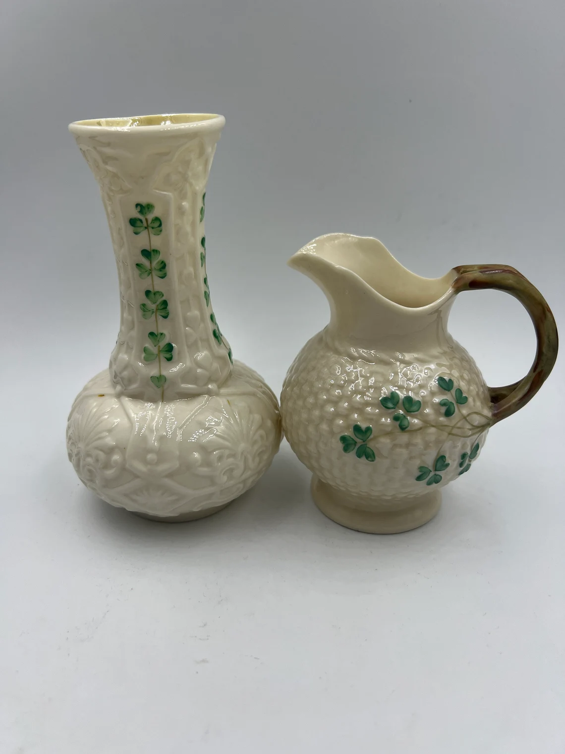 Pair of Irish Belleek Shamrock pattern Onion shaped creamer and flower s... - $148.95