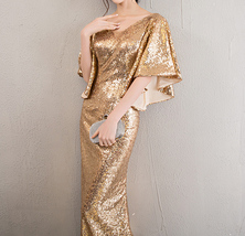 Golden Bat Sleeve Maxi Sequin Dresses Women Custom Plus Size Sequined Gowns image 8