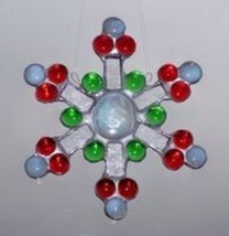 Old World Snowflake Stained Glass Sun Catcher Red and Green - $55.00