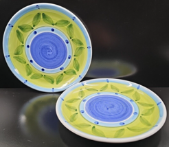 (2) Caleca Blue Moon Salad Plates Set Vintage Green Leaves Dots Dishes I... - $46.40