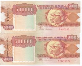 Angola, 500,000 Kwanzas, 1991-02-04, Lot of 2 Consecutive Serial, P134, ... - $11.61