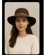 Women’s Brown Wool Fedora Style Hat w/ Leopard Print Band Wide Brim Boho... - $37.93 CAD
