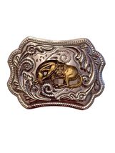 Vintage Western Belt Buckle Bull Steer Gold Tone Silver Engraved Made in... - $18.00