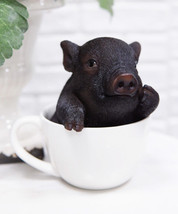 Rustic Lifelike Black Pig Piggy In Tea Cup Figurine Animal Farm Pigs Swi... - $32.99