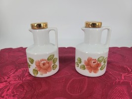 Vintage Oil and Vinegar Cruets Porcelain 4&quot;Tall Floral Hand Pained  Signed - £10.64 GBP