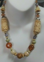 Vintage Carved Elephant Stone Bead Glass NECKLACE 23.5&quot; Long - £58.42 GBP