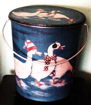 Holiday Tin Pail Bucket &amp; Lid Litho with Geese Lucie Sable Imports - $27.72