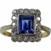 3Ct Emerald Cut Blue Sapphire Simlnt Diamond Art Deco Ring Yellow Gold Plated - £113.56 GBP