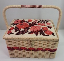VTG Singer Retro Sewing Storage Box Embroidered Floral Woven Wicker Japan Rare - £37.99 GBP