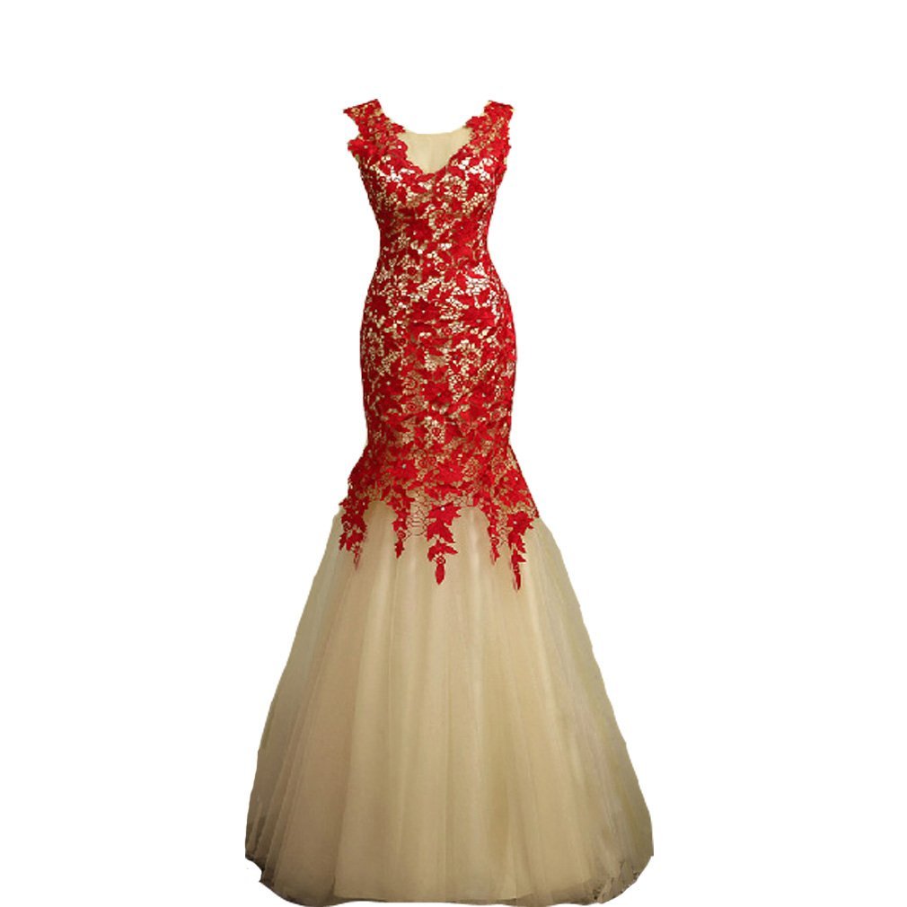 Kivary Women's Tulle Mermaid Lace Sheer Long Prom Evening Dresses US 8