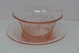 Pink Depression Etched Glass Bowl with Underplate and Spoon - £23.59 GBP