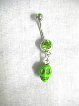 New Lime Green 3D Human Skull Charm On 14g Dazzling Lime Green Cz Bar Belly Ring - £4.78 GBP