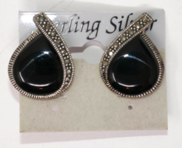 Sterling Silver 925 Black Onyx Marcasite Teardrop Clip On Earrings - £39.50 GBP