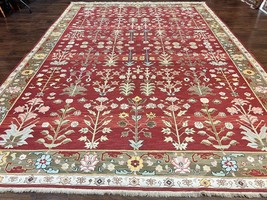 Indian Rug 10x14 Wool Hand Knotted Flatweave Carpet Tree of Life Red Olive Green - £2,509.17 GBP