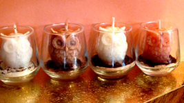 handmade small OWL CANDLES in small glass container, price EACH  (Fox) - $8.00
