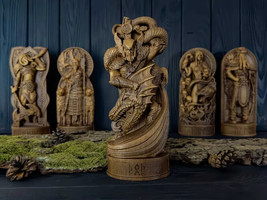 9&quot; Thor Jormung - Statue Midgard God Wooden Carved Figure Wood Handmade Mytholog - £115.29 GBP
