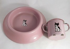 Children pink enamel bowl cup Boston Terrier dog Vintage Enamelware Set Germany - £67.26 GBP