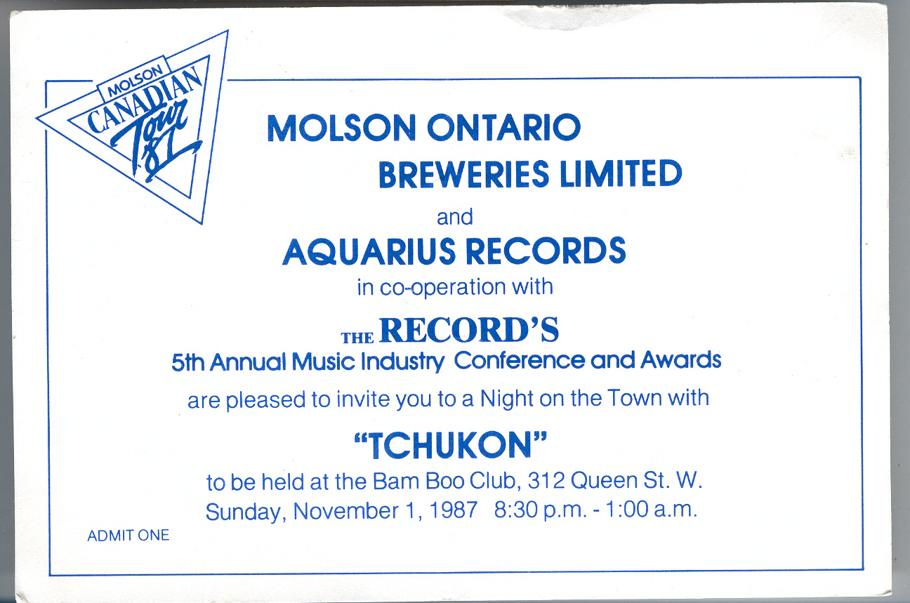 TCHUKON Aquarius THE RECORD  1987 Ticket Stub Toronto Molson Canada Rock... - $8.77