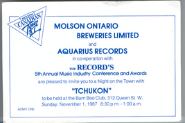 TCHUKON Aquarius THE RECORD  1987 Ticket Stub Toronto Molson Canada Rock... - £6.88 GBP
