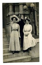 2 Women in Fancy Hats &amp; Dresses pose with Man Real Photo Postcard CYKO Stamp Box - £23.33 GBP