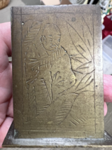 Solid Brass Match Box Holder Stand w Side Stricker Man &amp; Fruit Design - $24.26