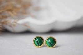 Mini Malachite Stud Earrings Gold, 6mm Green Gemstone Studs, Small Round Earring - £22.25 GBP