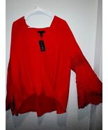 INC Red Lace Sleeve Blouse XXL NWT Faux Wrap Flowy Top Holiday Christmas... - $25.21