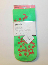Tru Fit Ladies Slipper Sock Non Slip Grips Red Reindeer Green 9-11 NWT - £4.70 GBP