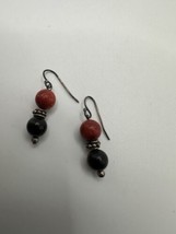 Vintage Sterling Silver Red Coral Black Bead Dangle Earrings 3.3cm - £9.49 GBP