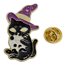 Cat Witch Hat Pin Badge Black Skull Cat Brooch Enamel Lapel Cute Magical Skull - £3.78 GBP