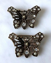 Sweet Romance Butterfly Brooches Antique Gold Tone Metal Rhinestones Faux Pearls - £22.74 GBP