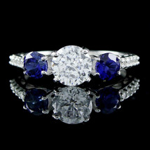 Three Stone Promise Engagement Ring Sterling Silver Simulated Diamond &amp; Sapphire - £47.83 GBP