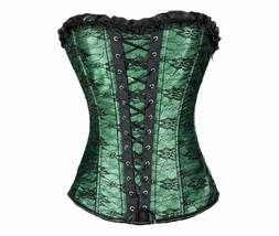 Green Satin Black Net Gothic Burlesque Bustier Waist Training Overbust C... - £58.63 GBP
