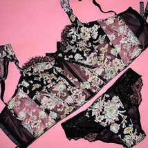 Victoria&#39;s Secret longline 32D BRA SET XS panty BLACK floral applique em... - $138.59