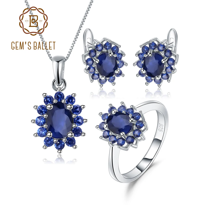 925 Sterling Silver Jewelry Set for Women Classic Princess Natural Blue Sapphire - £109.57 GBP