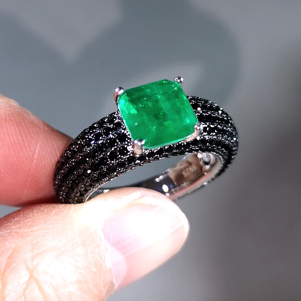 S925 Sterling Silver Created Diamond Rings Gemstones emerald Ring with green/ Bl - £53.96 GBP